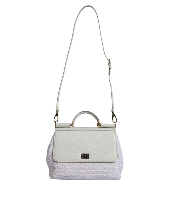 White Rafia Leather Top Handle Crossbody Bag Dolce & Gabbana