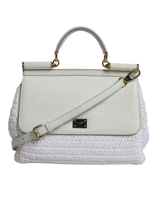 White Rafia Leather Top Handle Crossbody Bag Dolce & Gabbana