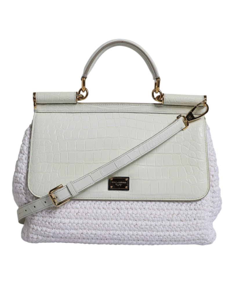 White Rafia Leather Top Handle Crossbody Bag Dolce & Gabbana