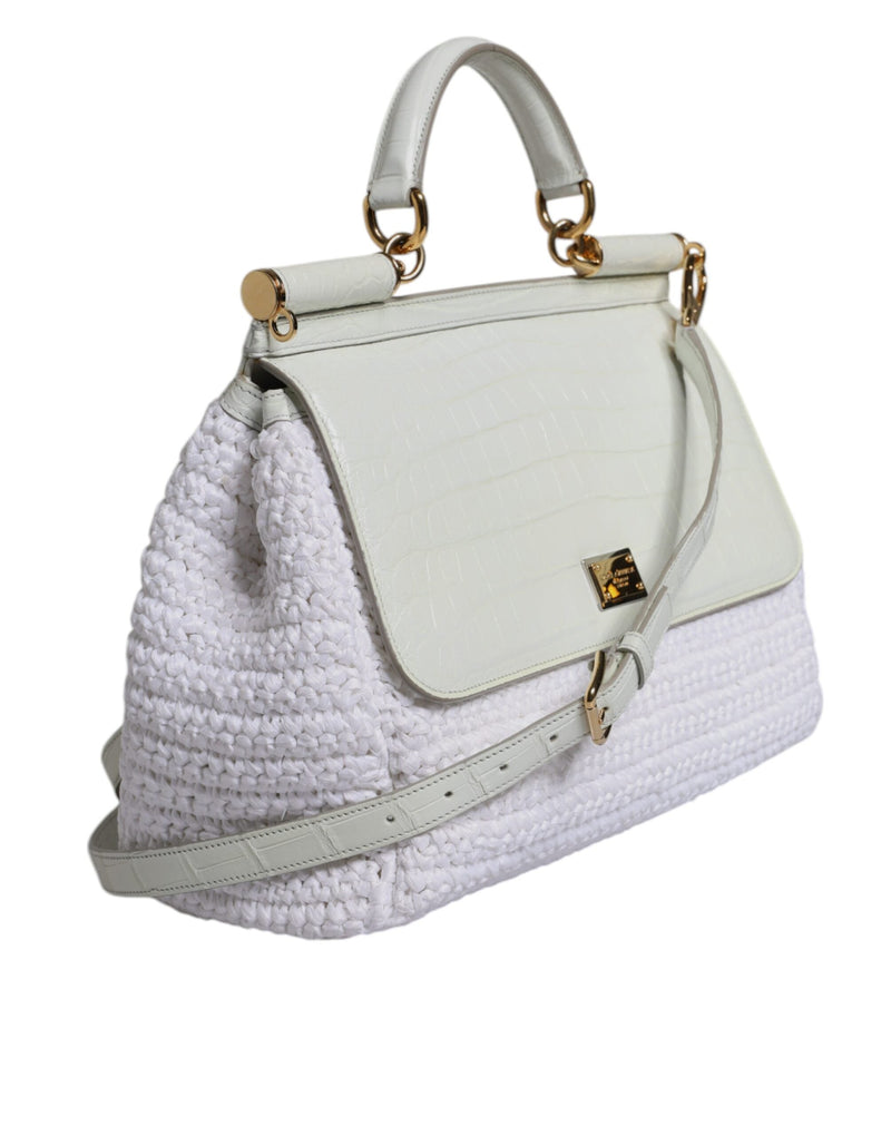 White Rafia Leather Top Handle Crossbody Bag Dolce & Gabbana