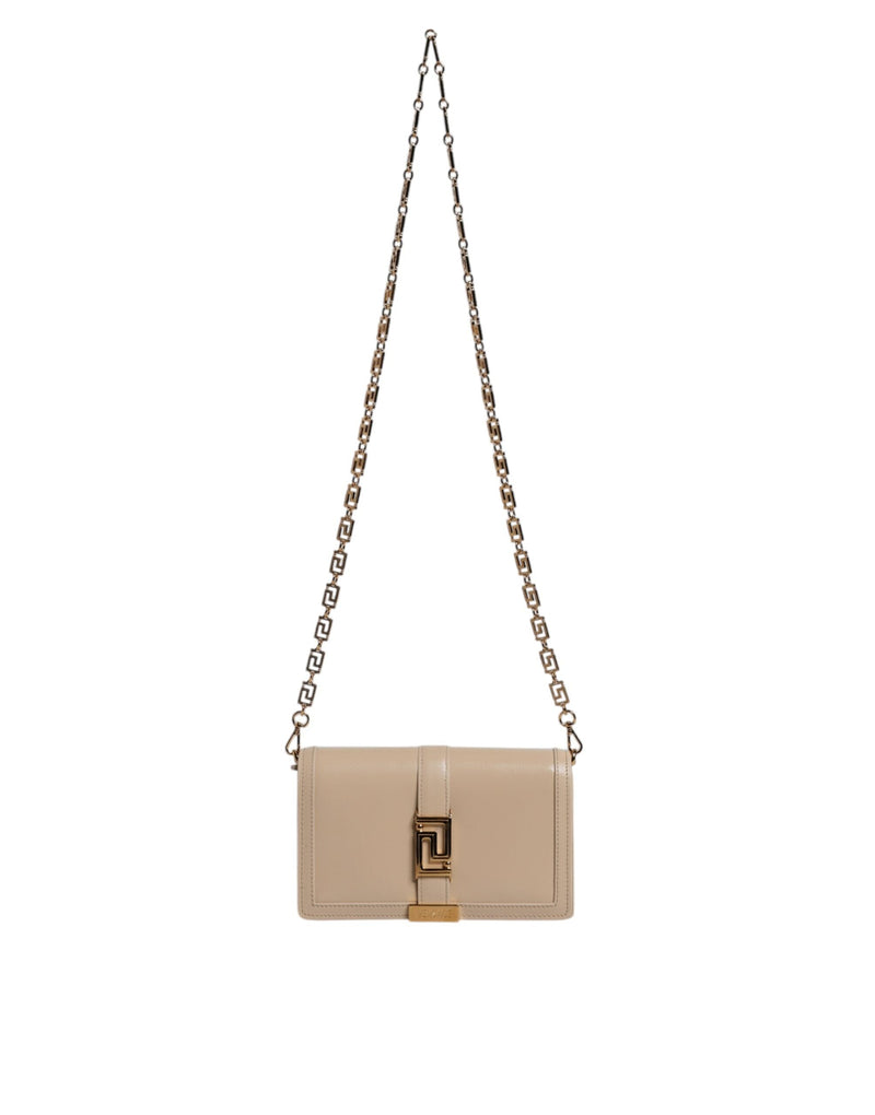 Beige Gold Chain Calf Leather Wallet Crossbody Bag Versace