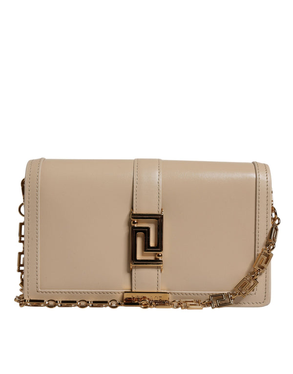 Beige Gold Chain Calf Leather Wallet Crossbody Bag Versace