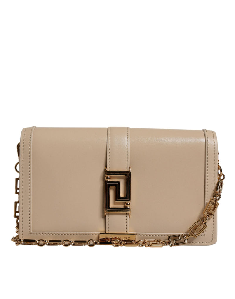Beige Gold Chain Calf Leather Wallet Crossbody Bag Versace