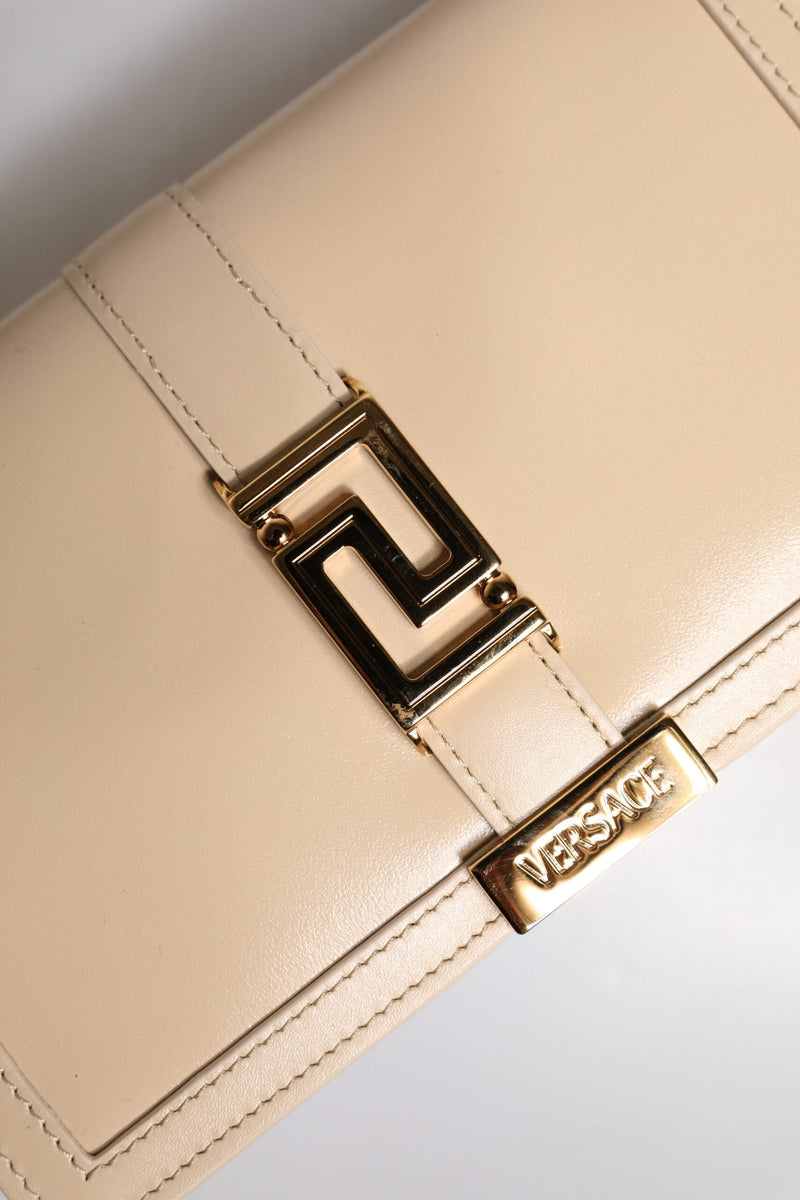 Beige Gold Chain Calf Leather Wallet Crossbody Bag Versace