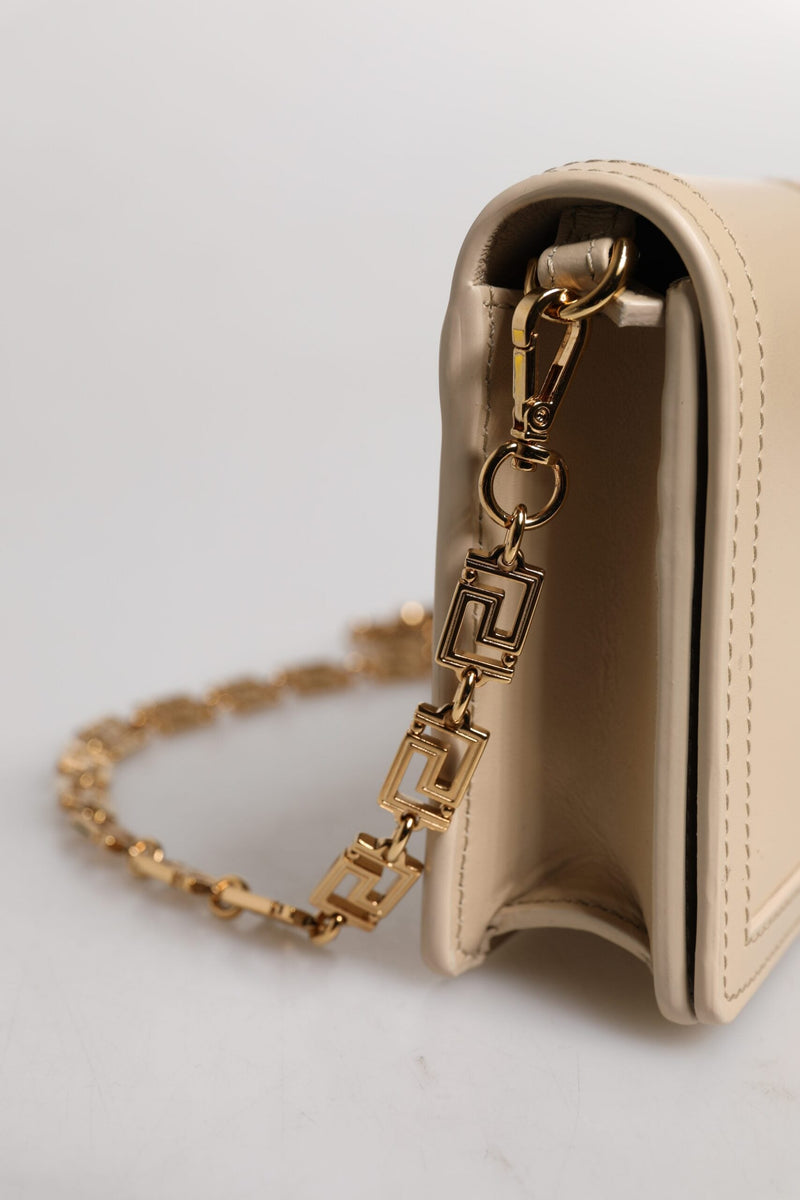 Beige Gold Chain Calf Leather Wallet Crossbody Bag Versace