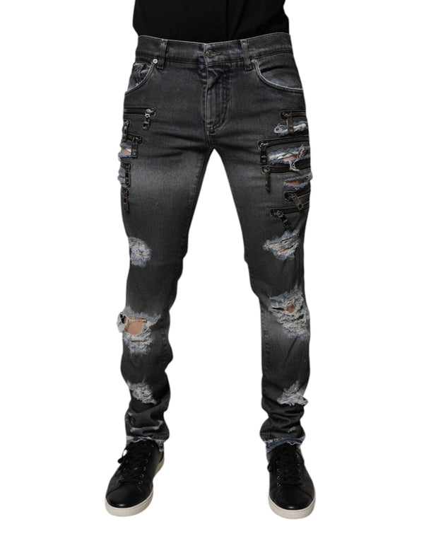 Dark Gray Tattered Cotton Skinny Denim Jeans Dolce & Gabbana