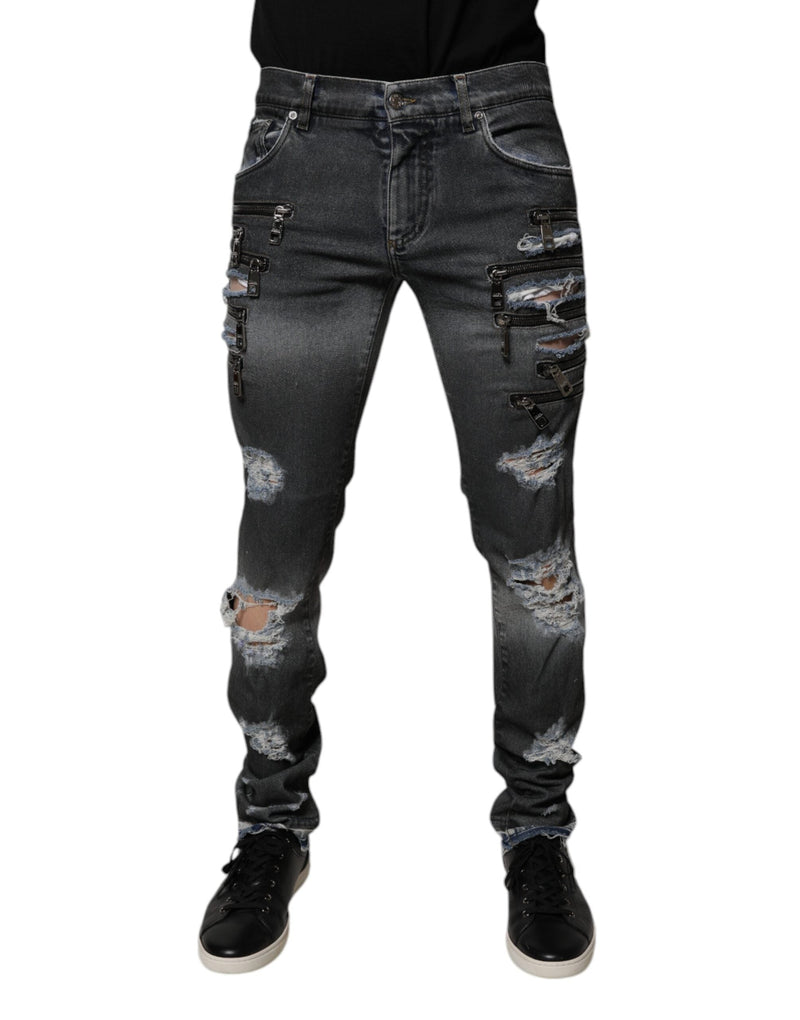 Dark Gray Tattered Cotton Skinny Denim Jeans Dolce & Gabbana