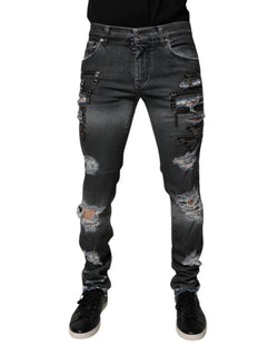 Dark Gray Tattered Cotton Skinny Denim Jeans Dolce & Gabbana