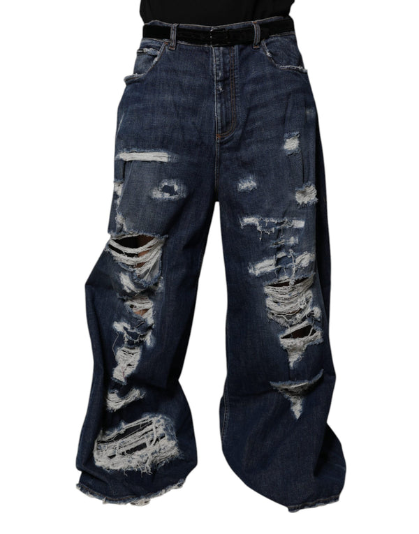Dark Blue Tattered Wide Leg Men Denim Jeans Dolce & Gabbana