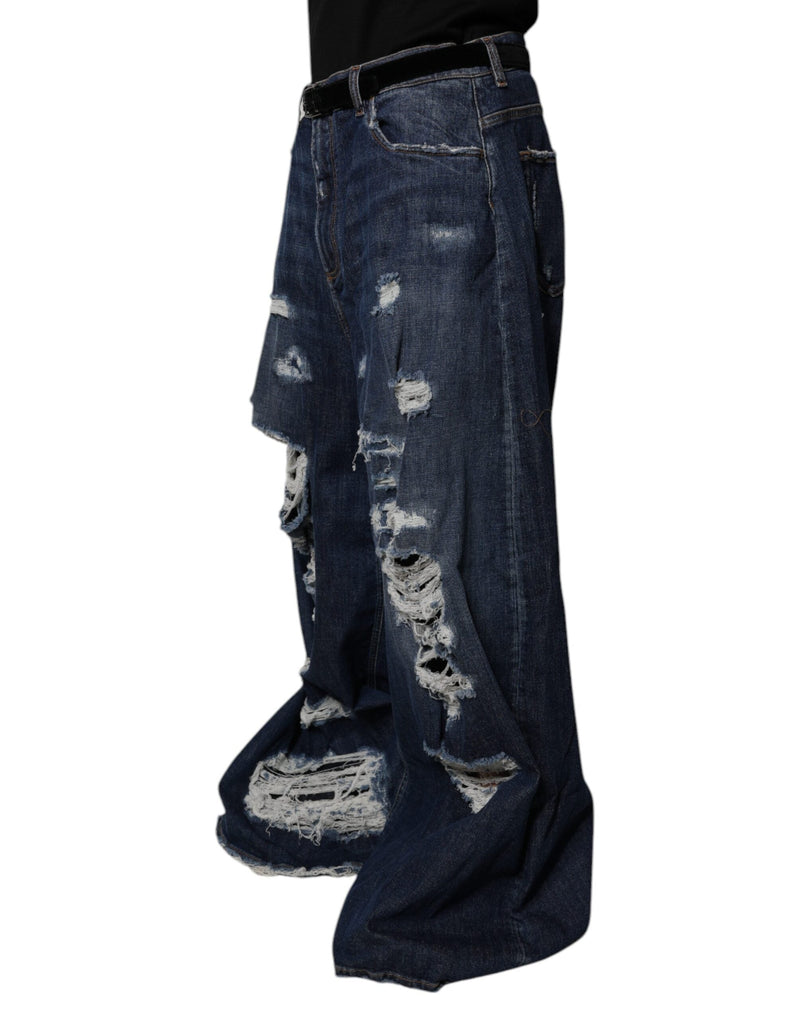 Dark Blue Tattered Wide Leg Men Denim Jeans Dolce & Gabbana