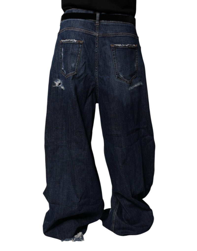 Dark Blue Tattered Wide Leg Men Denim Jeans Dolce & Gabbana