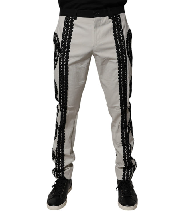 White Lace Trim Mid Waist Dress Formal Pants Dolce & Gabbana
