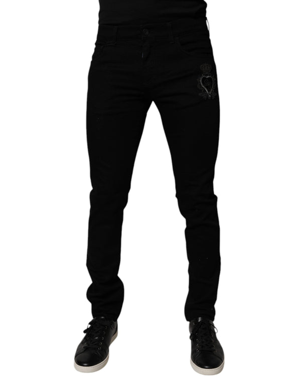 Black Sacred Heart Cotton Skinny Denim Jeans Dolce & Gabbana