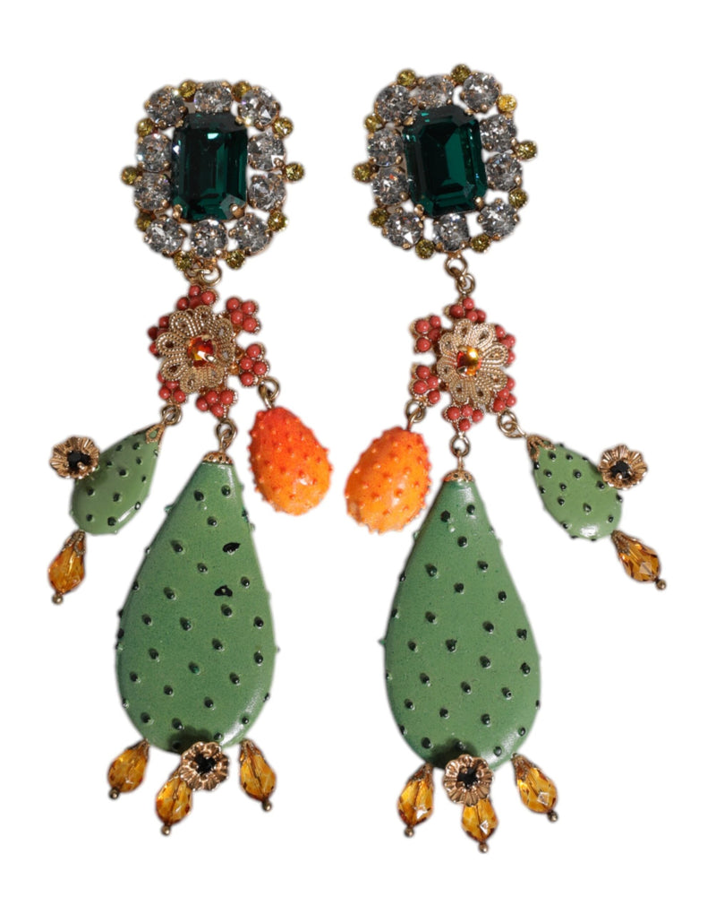 Green Cactus Crystal Clip On Dangling Jewelry Earrings Dolce & Gabbana