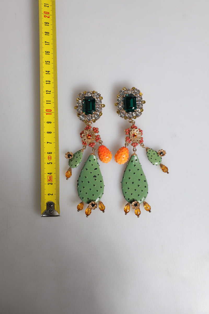 Green Cactus Crystal Clip On Dangling Jewelry Earrings Dolce & Gabbana