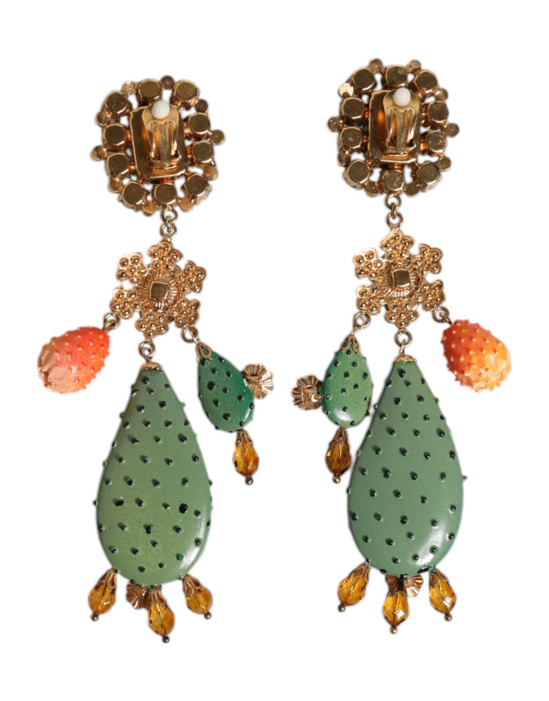 Green Cactus Crystal Clip On Dangling Jewelry Earrings Dolce & Gabbana