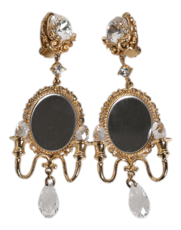 Gold Brass Clear Crystal Mirror Element Clip Dangling Earrings Dolce & Gabbana