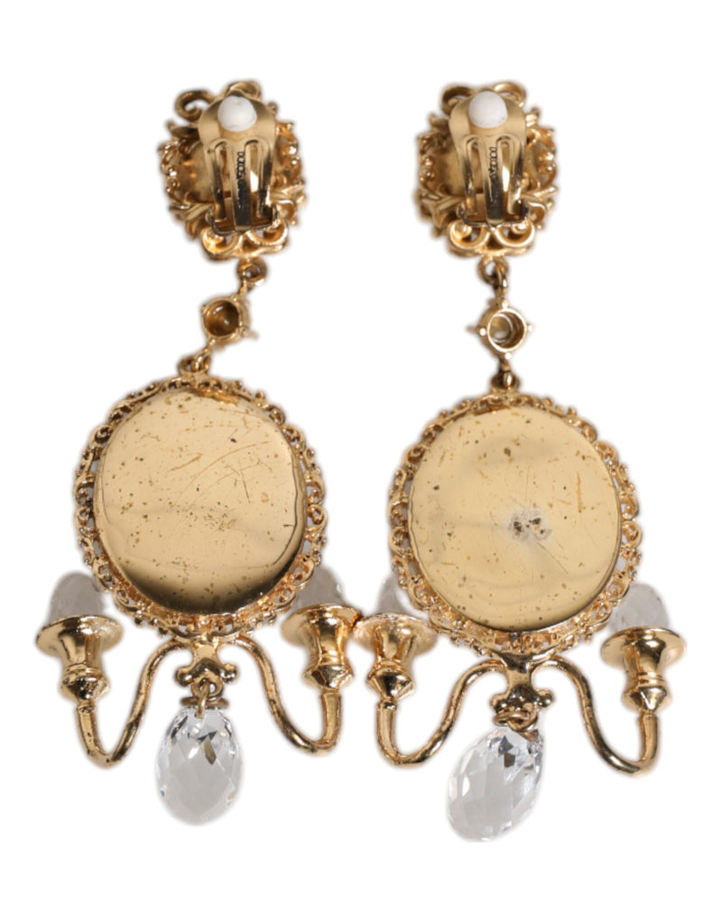 Gold Brass Clear Crystal Mirror Element Clip Dangling Earrings Dolce & Gabbana