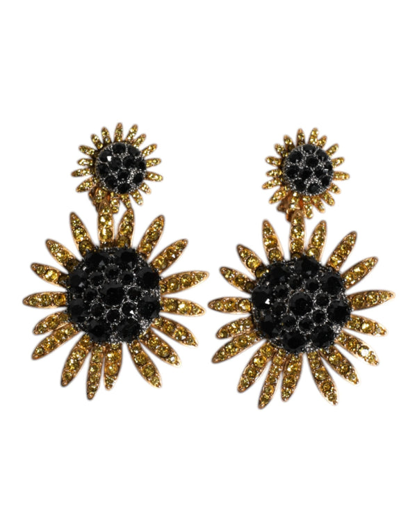 Gold Tone Brass Sunflower Crystal Clip Dangling Earrings Dolce & Gabbana