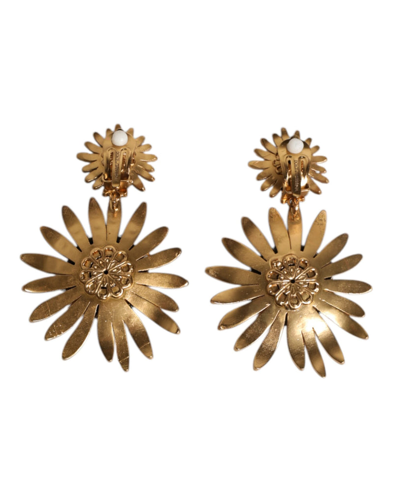 Gold Tone Brass Sunflower Crystal Clip Dangling Earrings Dolce & Gabbana