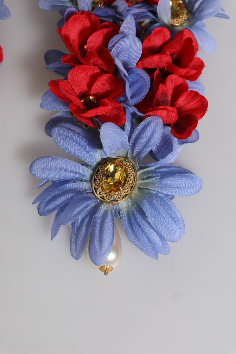Gold Tone Brass Floral Crystal Clip On Dangling Earrings Dolce & Gabbana