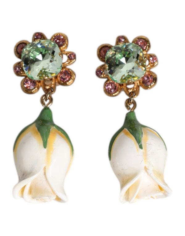 Brass White Flower Bloom Crystal Clip Dangling Earrings Dolce & Gabbana