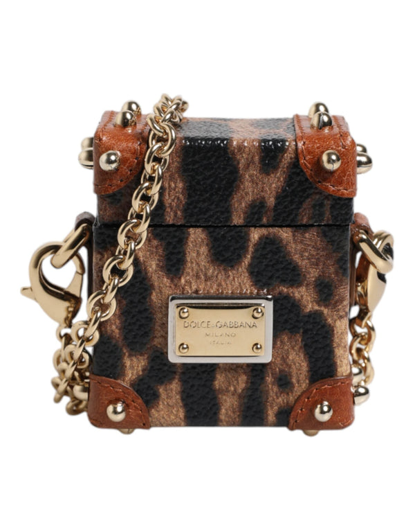 Brown Leopard Metal Logo Plaque Gold Chain Airpods Case Dolce & Gabbana