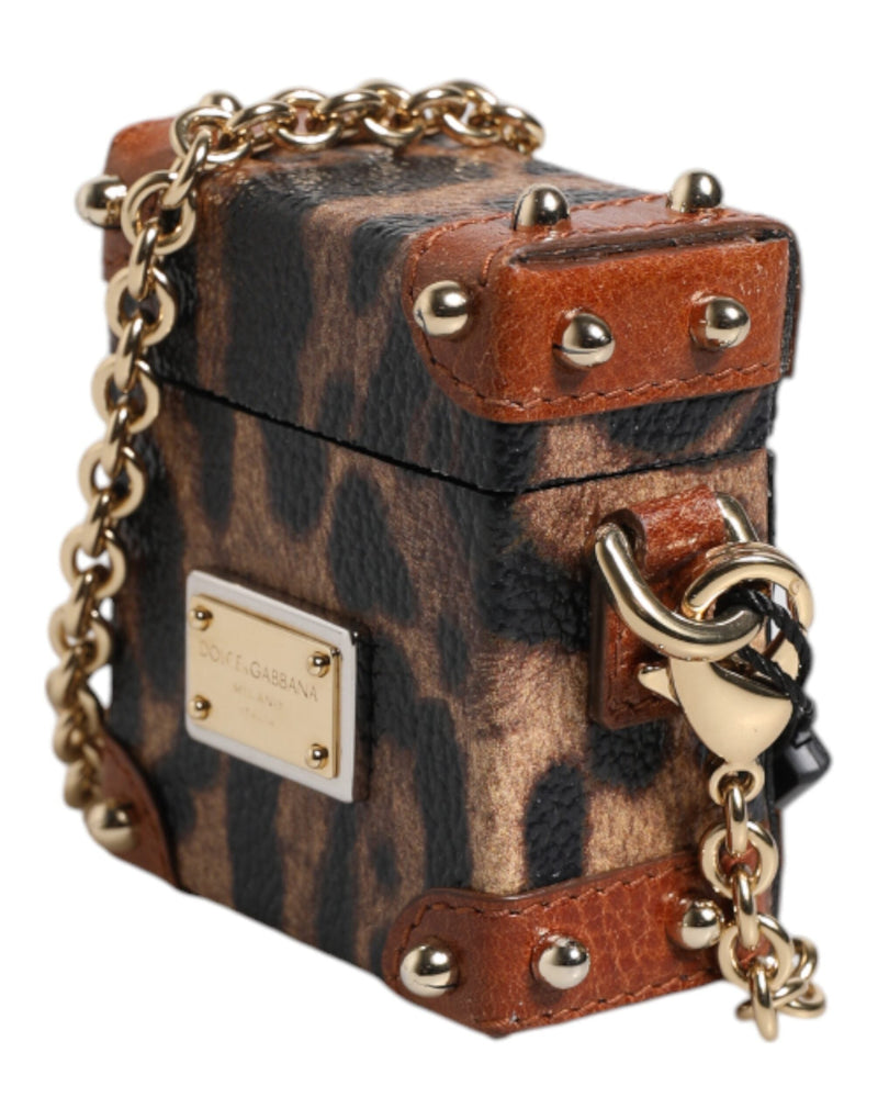Brown Leopard Metal Logo Plaque Gold Chain Airpods Case Dolce & Gabbana