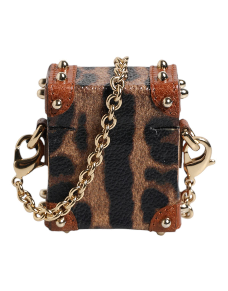 Brown Leopard Metal Logo Plaque Gold Chain Airpods Case Dolce & Gabbana
