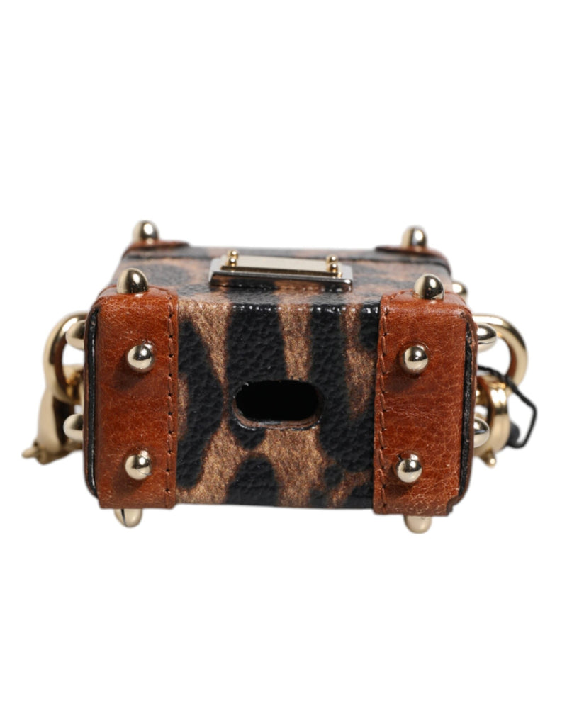 Brown Leopard Metal Logo Plaque Gold Chain Airpods Case Dolce & Gabbana