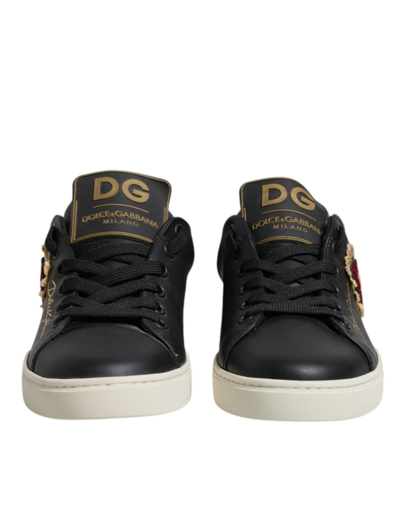 Black Leather Gold Red Heart Sneakers Shoes Dolce & Gabbana
