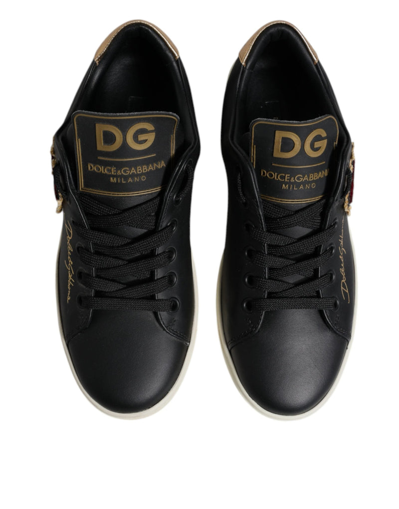 Black Leather Gold Red Heart Sneakers Shoes Dolce & Gabbana