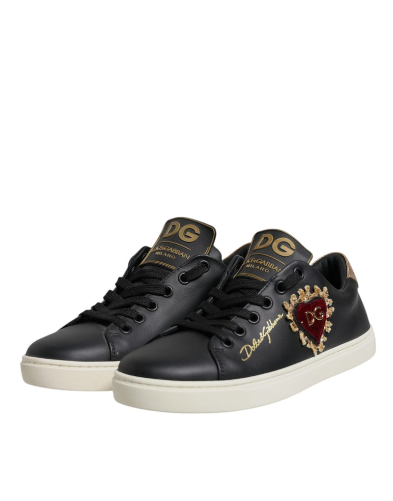 Black Leather Gold Red Heart Sneakers Shoes Dolce & Gabbana