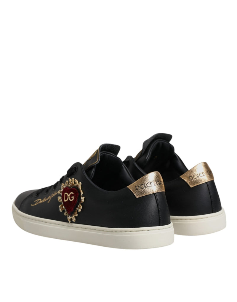 Black Leather Gold Red Heart Sneakers Shoes Dolce & Gabbana