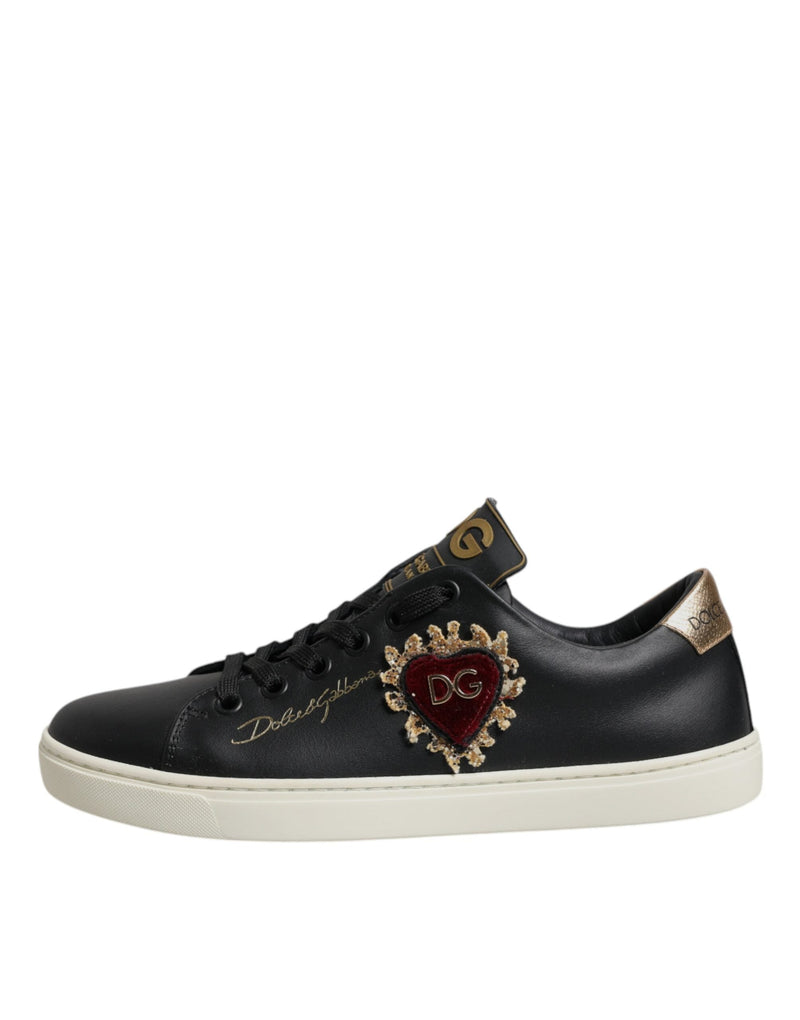 Black Leather Gold Red Heart Sneakers Shoes Dolce & Gabbana
