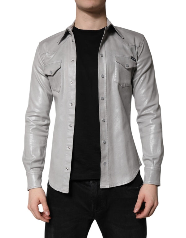 Metallic Gray Cotton Button Down Shirt Dolce & Gabbana