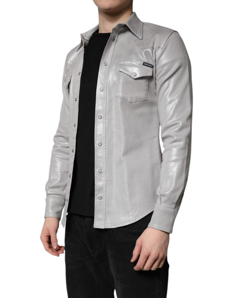 Metallic Gray Cotton Button Down Shirt Dolce & Gabbana
