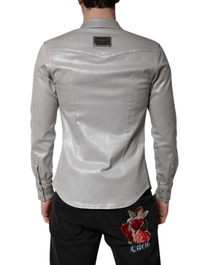 Metallic Gray Cotton Button Down Shirt Dolce & Gabbana