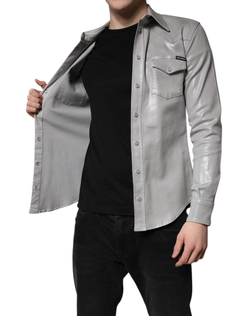 Metallic Gray Cotton Button Down Shirt Dolce & Gabbana