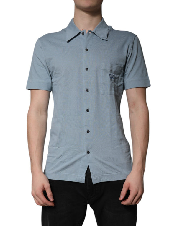 Blue Cotton Button Down Casual Men Polo Shirt Dolce & Gabbana