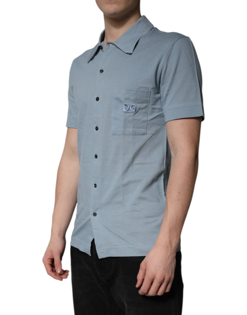 Blue Cotton Button Down Casual Men Polo Shirt Dolce & Gabbana