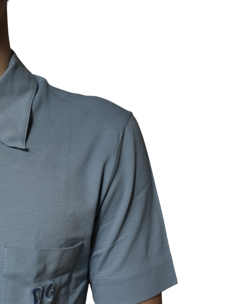 Blue Cotton Button Down Casual Men Polo Shirt Dolce & Gabbana