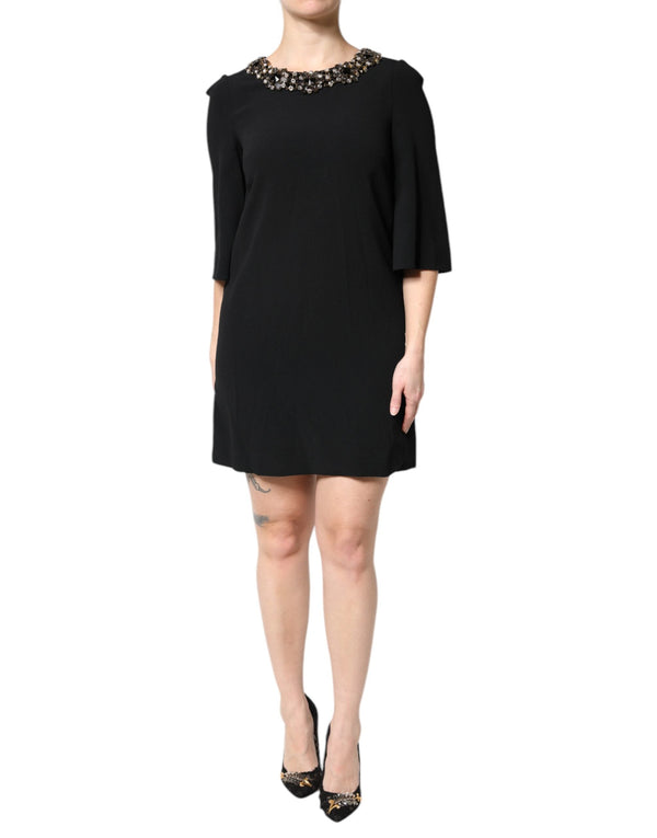 Black Crystal Embellished Round Neck Mini Dress Dolce & Gabbana