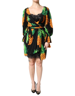 Black Silk Pineapple Draped Print Wrap Dress Dolce & Gabbana