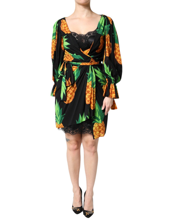 Black Silk Pineapple Draped Print Wrap Dress Dolce & Gabbana