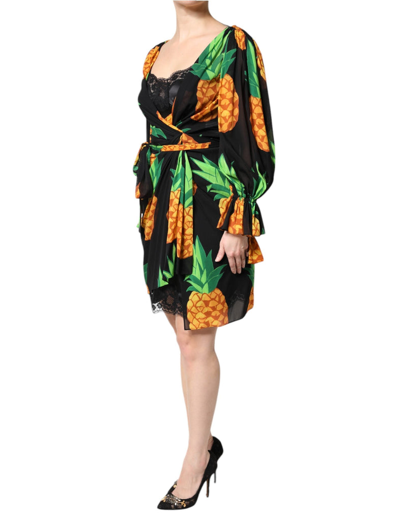 Black Silk Pineapple Draped Print Wrap Dress Dolce & Gabbana