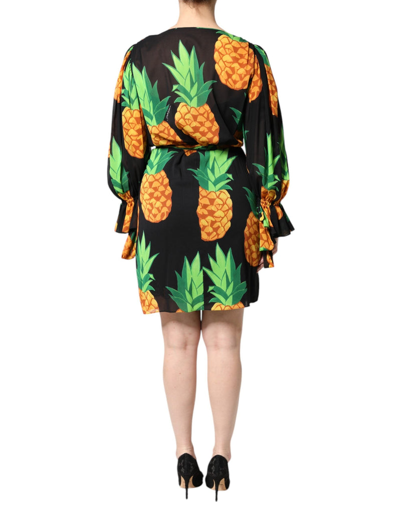 Black Silk Pineapple Draped Print Wrap Dress Dolce & Gabbana