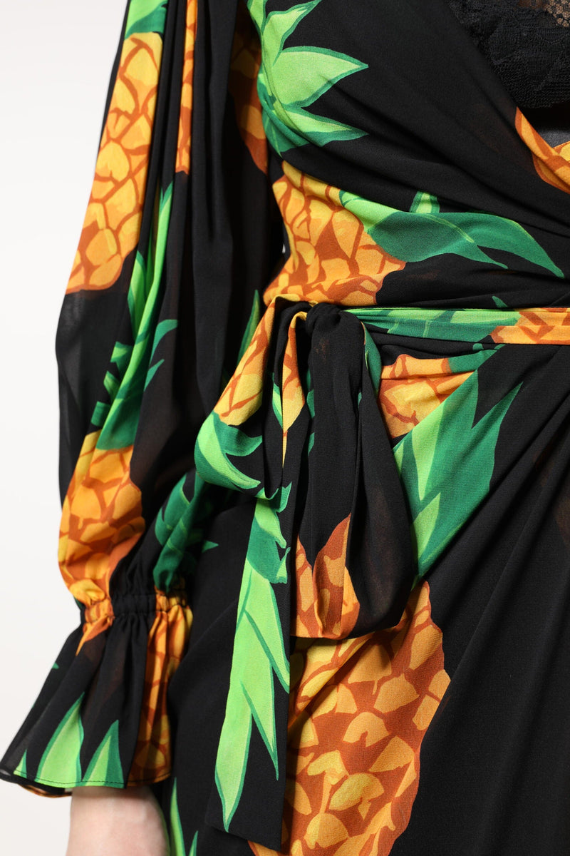 Black Silk Pineapple Draped Print Wrap Dress Dolce & Gabbana
