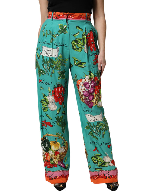 Green Silk Printed Straight Pants Dolce & Gabbana