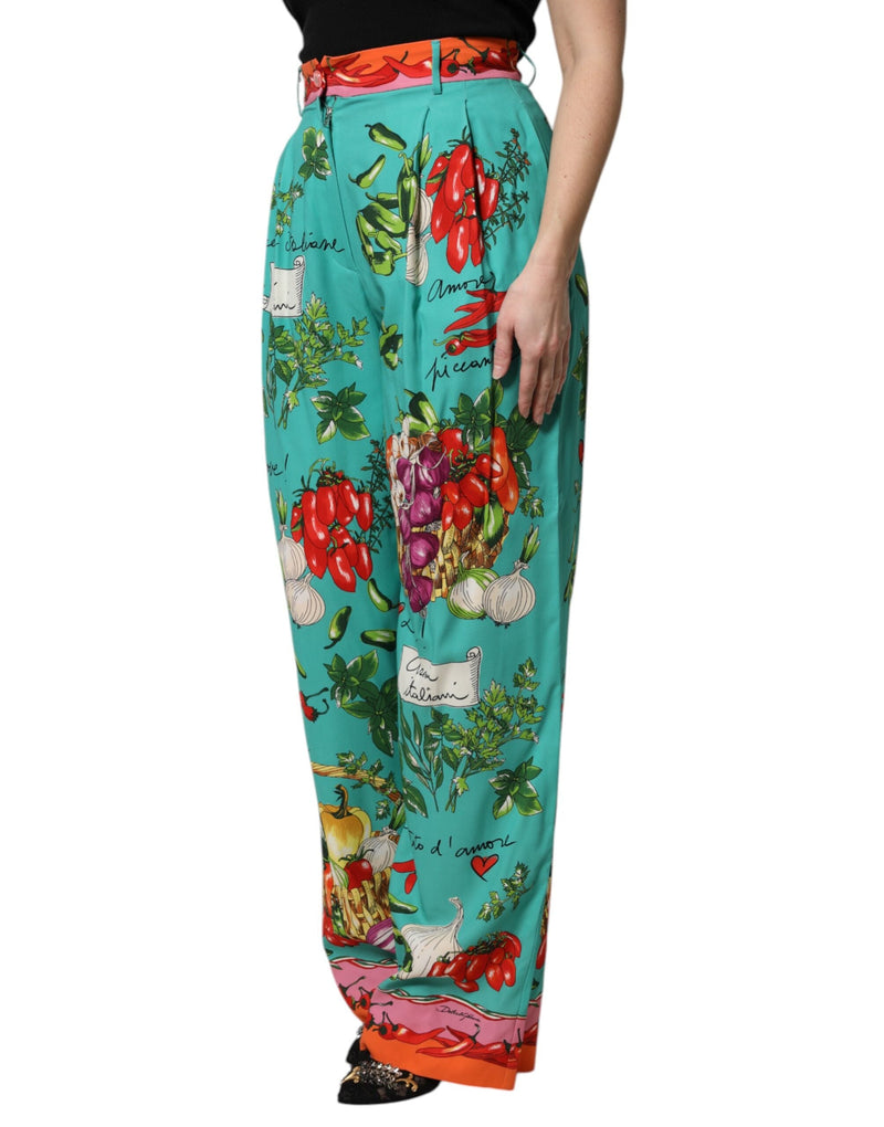 Green Silk Printed Straight Pants Dolce & Gabbana